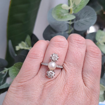 Art Deco Natural Pearl and Diamond Three Stone Ring in Platinum