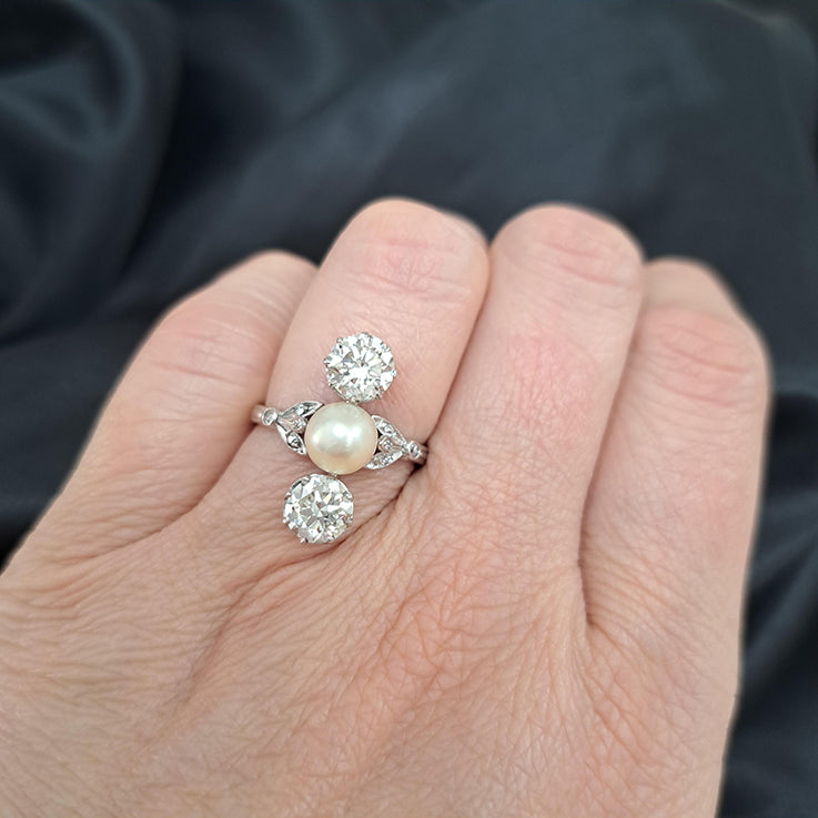 Antique Natural Pearl and Old Cut Diamond Three Stone Trilogy Ring