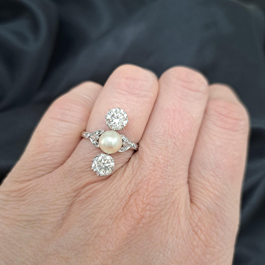 Antique Natural Pearl and Old Cut Diamond Three Stone Trilogy Ring