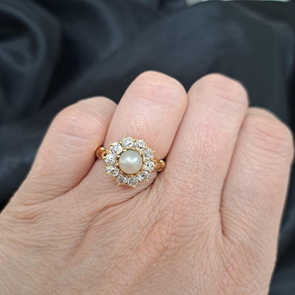 Antique Victorian Natural Pearl and Old Cut Diamond Cluster Ring