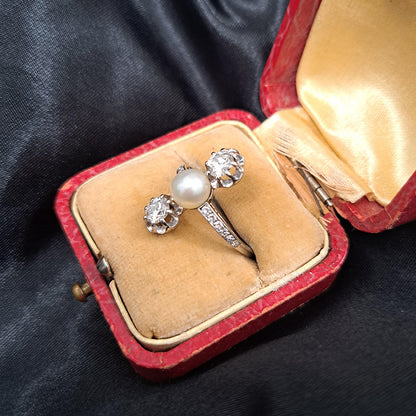 Art Deco Natural Pearl and Diamond Three Stone Ring in Platinum
