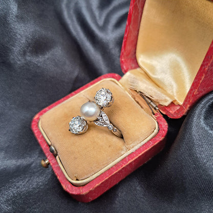 Antique Natural Pearl and Old Cut Diamond Three Stone Trilogy Ring