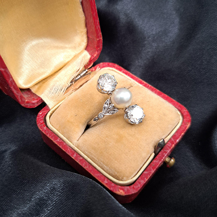 Antique Natural Pearl and Old Cut Diamond Three Stone Trilogy Ring