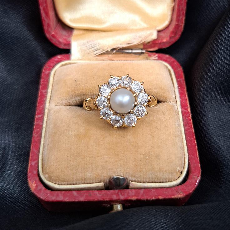 Antique Victorian Natural Pearl and Old Cut Diamond Cluster Ring