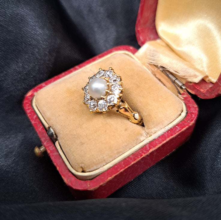 Antique Victorian Natural Pearl and Old Cut Diamond Cluster Ring