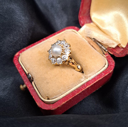 Antique Victorian Natural Pearl and Old Cut Diamond Cluster Ring