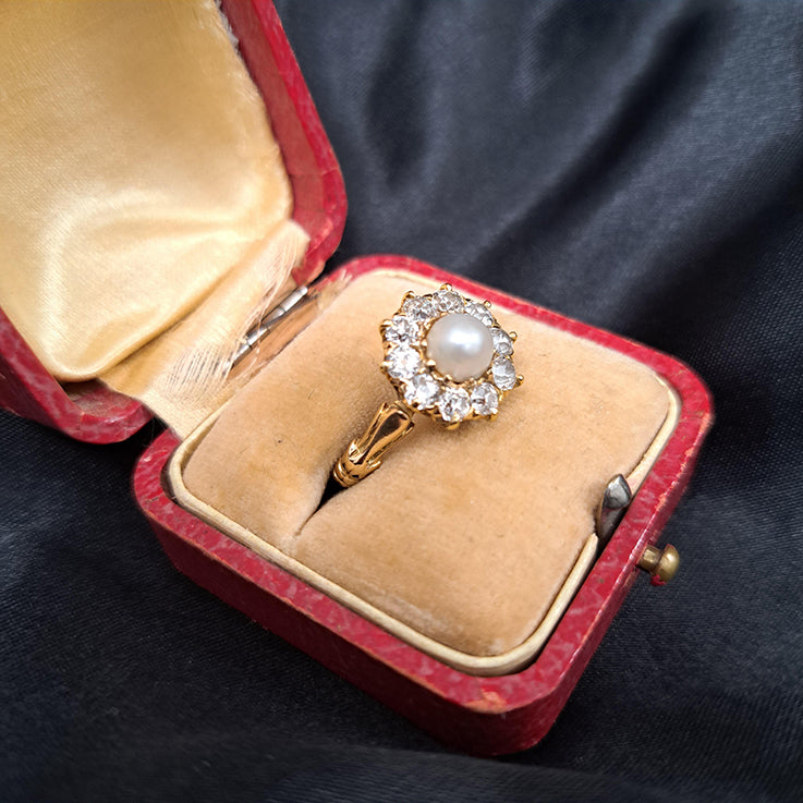 Antique Victorian Natural Pearl and Old Cut Diamond Cluster Ring