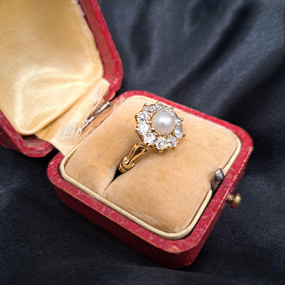 Antique Victorian Natural Pearl and Old Cut Diamond Cluster Ring
