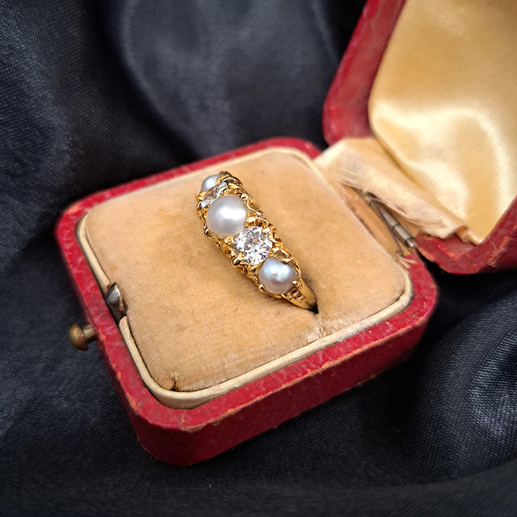 Victorian Antique 1ct Old Cut Diamond and Pearl Five Stone Ring