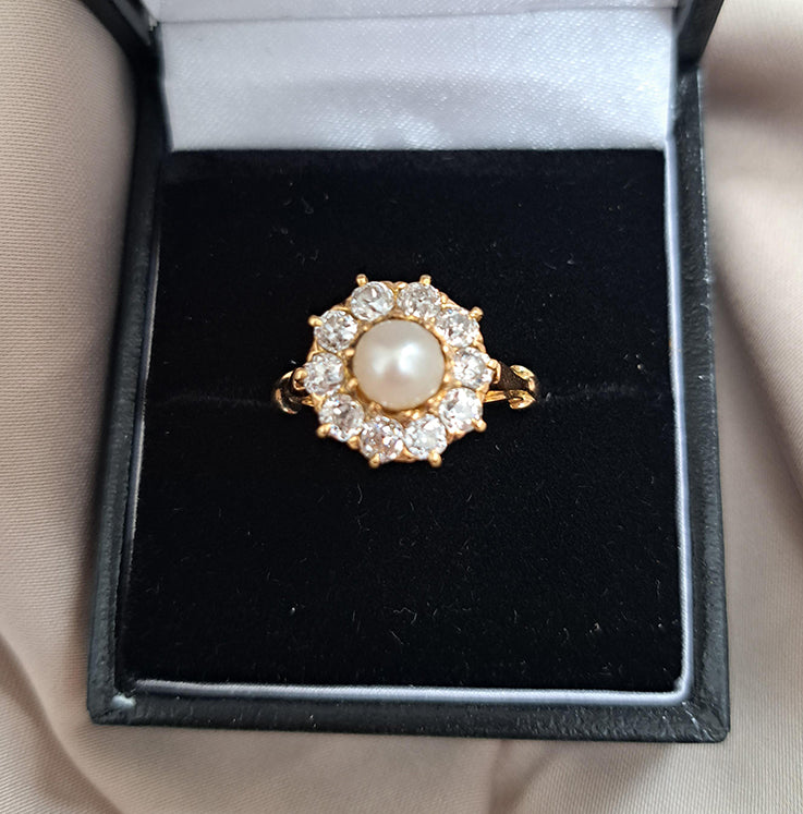 Antique Victorian Natural Pearl and Old Cut Diamond Cluster Ring