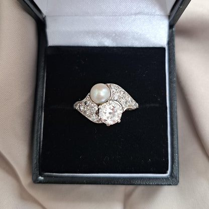 Belle Epoque Natural Pearl and Old Cut Diamond Ring in Platinum