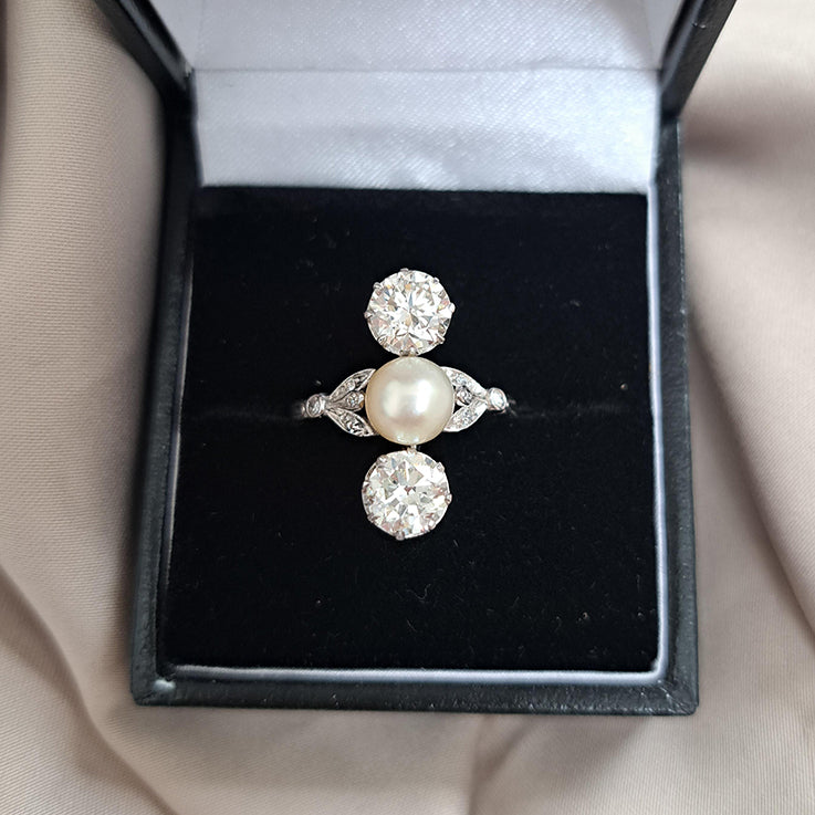 Antique Natural Pearl and Old Cut Diamond Three Stone Trilogy Ring