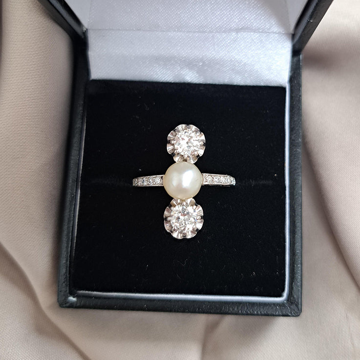 Art Deco Natural Pearl and Diamond Three Stone Ring in Platinum