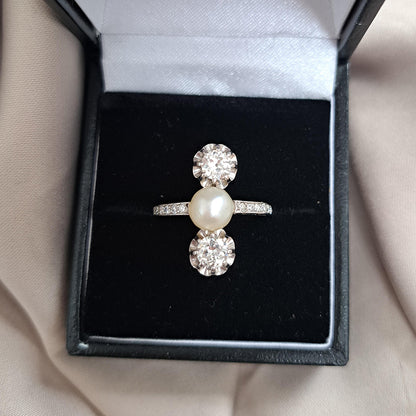 Art Deco Natural Pearl and Diamond Three Stone Ring in Platinum
