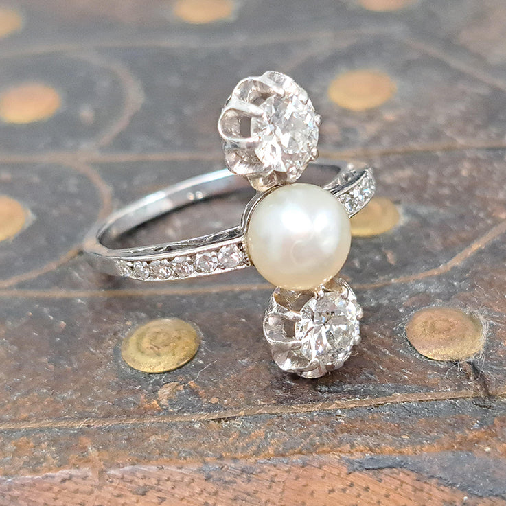Art Deco Natural Pearl and Diamond Three Stone Ring in Platinum