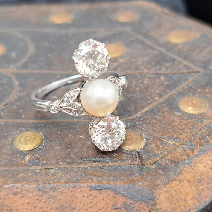 Antique Natural Pearl and Old Cut Diamond Three Stone Trilogy Ring