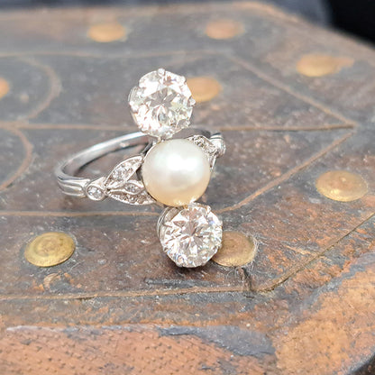 Antique Natural Pearl and Old Cut Diamond Three Stone Trilogy Ring