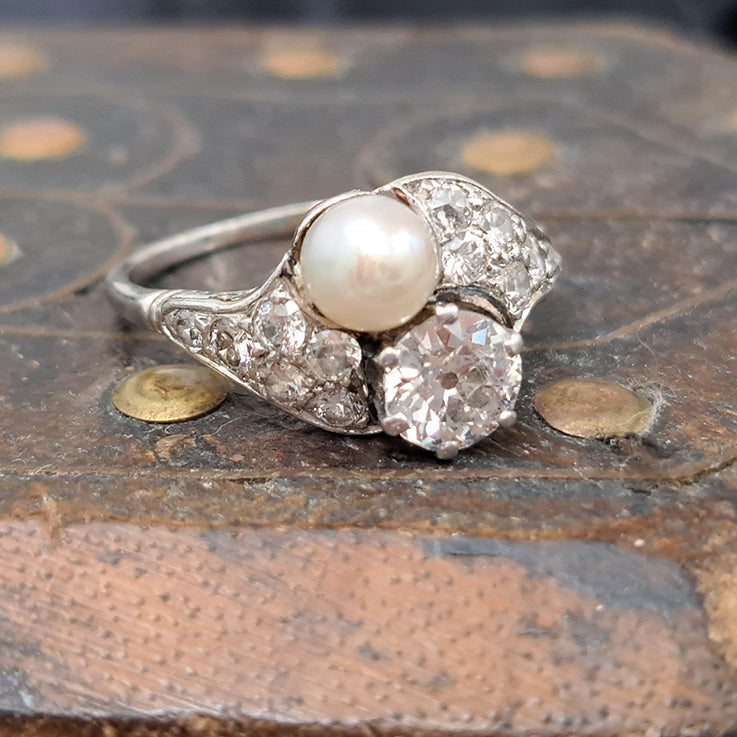 Belle Epoque Natural Pearl and Old Cut Diamond Ring in Platinum