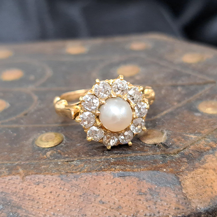 Antique Victorian Natural Pearl and Old Cut Diamond Cluster Ring