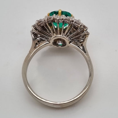 Vintage Muzo Italian 1.4ct Emerald and 2.5ct Diamond Double Cluster Cocktail Ring, cushion-shaped emerald surrounded by marquise-cut and brilliant-cut diamonds