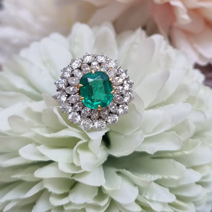 Vintage Muzo Italian 1.4ct Emerald and 2.5ct Diamond Double Cluster Cocktail Ring, cushion-shaped emerald surrounded by marquise-cut and brilliant-cut diamonds