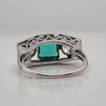 Edwardian Antique 1.40ct Emerald and 1.30ct Old Cut Diamond Three Stone Engagement Ring in Platinum