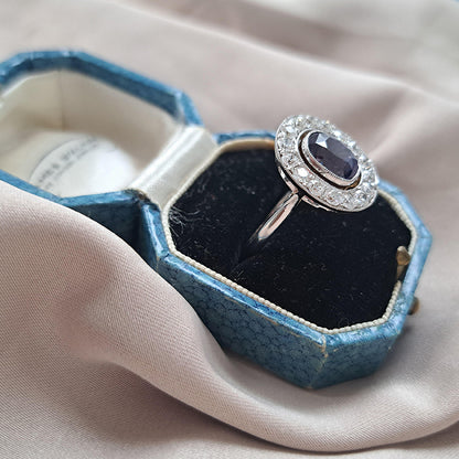 Vintage Certified Natural Colour Change Blue Purple Sapphire and Diamond Cluster Engagement Ring