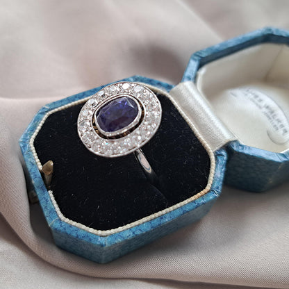 Vintage Certified Natural Colour Change Blue Purple Sapphire and Diamond Cluster Engagement Ring