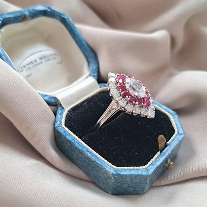 Vintage GIA Certified D Colour Diamond and Ruby Marquise Navette Cluster Ring in Platinum