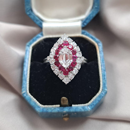 Vintage GIA Certified D Colour Diamond and Ruby Marquise Navette Cluster Ring in Platinum