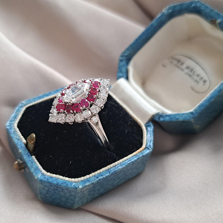 Vintage GIA Certified D Colour Diamond and Ruby Marquise Navette Cluster Ring in Platinum