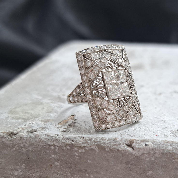 Vintage Old Cut Diamond Cluster Plaque Tablet Ring