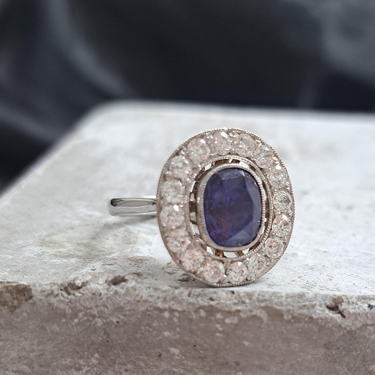 Vintage Certified Natural Colour Change Blue Purple Sapphire and Diamond Cluster Engagement Ring