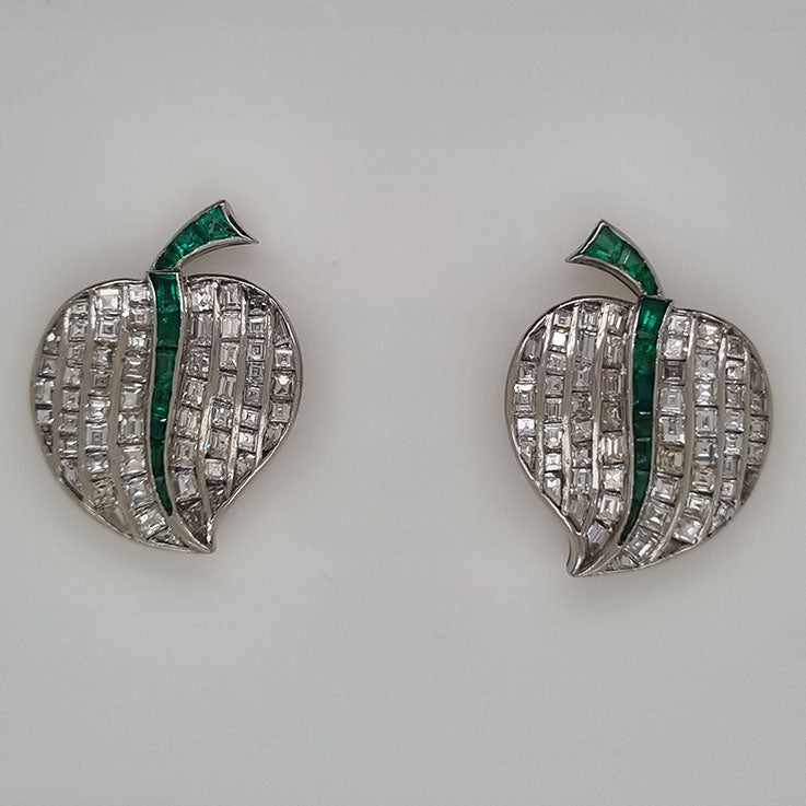 Vintage 7ct Baguette Cut Diamond and Emerald Apple Earrings