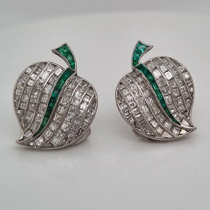 Vintage 7ct Baguette Cut Diamond and Emerald Apple Earrings