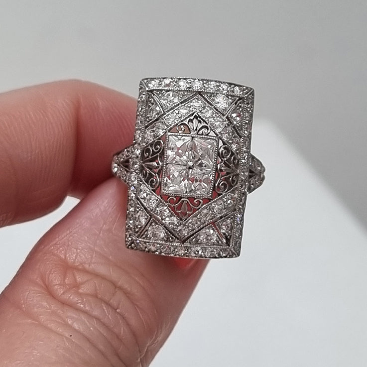 Vintage Old Cut Diamond Cluster Plaque Tablet Ring
