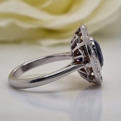 Vintage Certified Natural Colour Change Blue Purple Sapphire and Diamond Cluster Engagement Ring