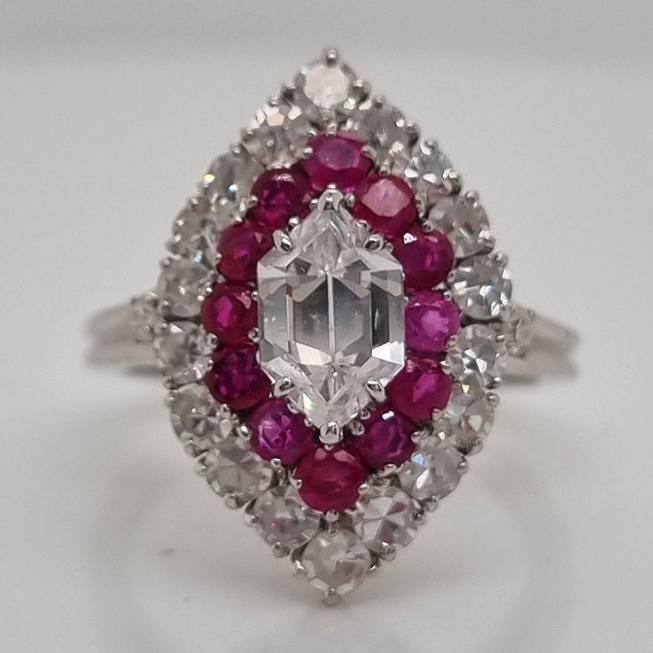 Vintage GIA Certified D Colour Diamond and Ruby Marquise Navette Cluster Ring in Platinum