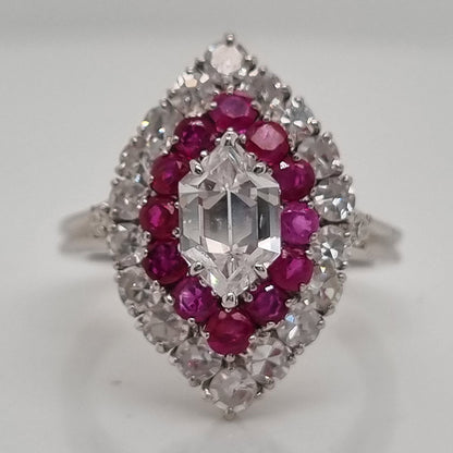 Vintage GIA Certified D Colour Diamond and Ruby Marquise Navette Cluster Ring in Platinum