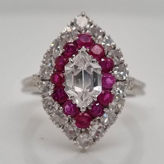 Vintage GIA Certified D Colour Diamond and Ruby Marquise Navette Cluster Ring in Platinum