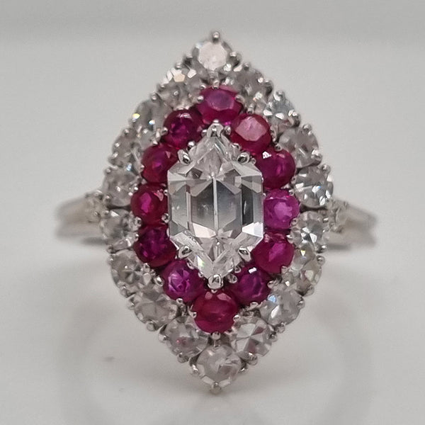 Vintage GIA Certified D Colour Diamond and Ruby Marquise Navette Cluster Ring in Platinum