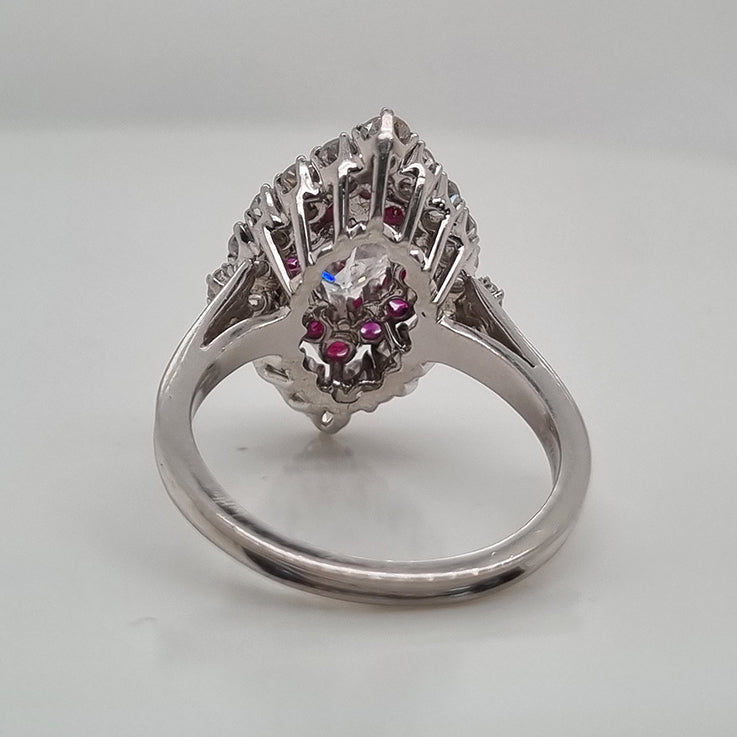 Vintage GIA Certified D Colour Diamond and Ruby Marquise Navette Cluster Ring in Platinum