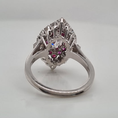 Vintage GIA Certified D Colour Diamond and Ruby Marquise Navette Cluster Ring in Platinum