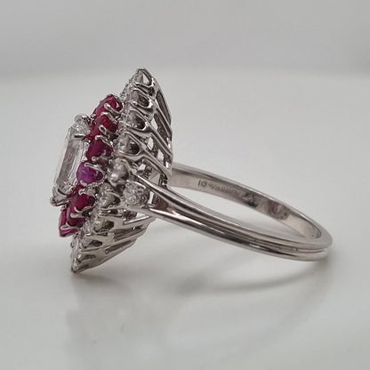 Vintage GIA Certified D Colour Diamond and Ruby Marquise Navette Cluster Ring in Platinum