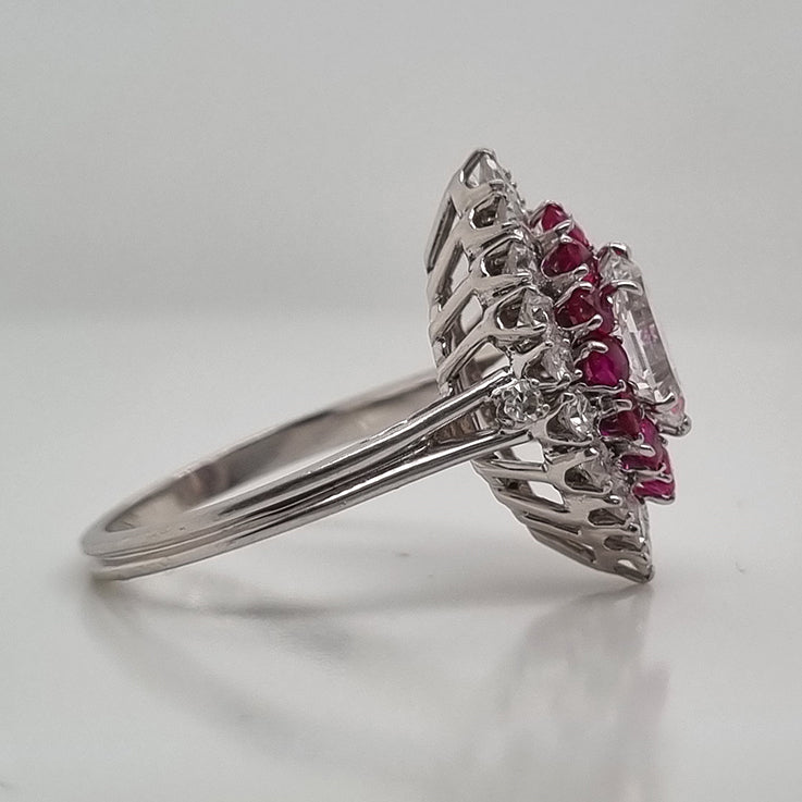 Vintage GIA Certified D Colour Diamond and Ruby Marquise Navette Cluster Ring in Platinum