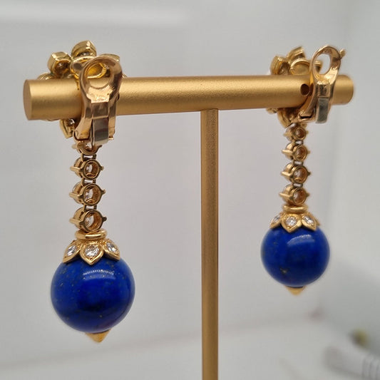 Vintage Georges Lenfant Lapis Lazuli Pearl and Diamond Drop Earrings in 18ct Yellow Gold
