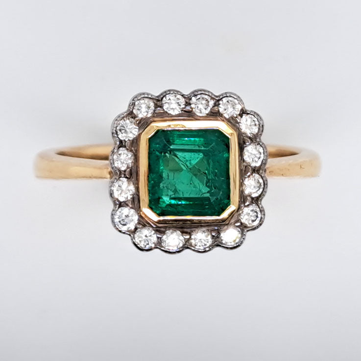 0.90ct Square Cut Emerald and Diamond Cluster Engagement Ring
