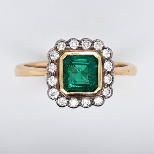 0.90ct Square Cut Emerald and Diamond Cluster Engagement Ring