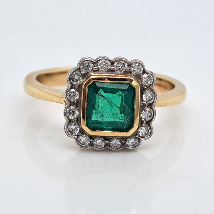 0.90ct Square Cut Emerald and Diamond Cluster Engagement Ring