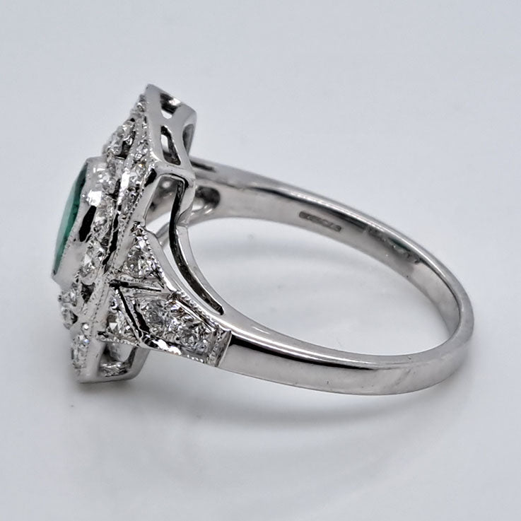 0.92ct Oval Emerald and Diamond Cluster Plaque Ring